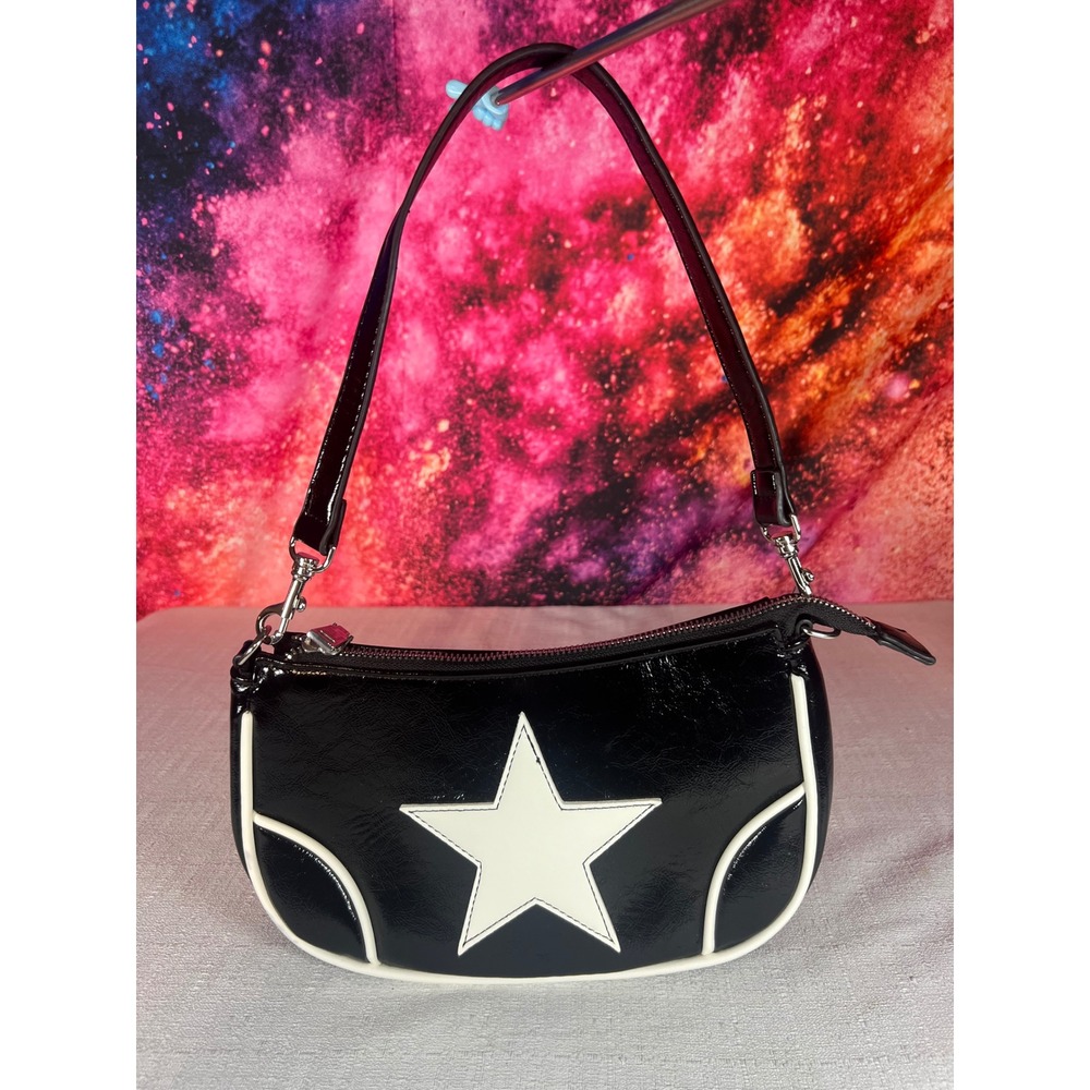 Silence + Noise Black Patent Star Shoulder Bag Y2K Baguette White Piping